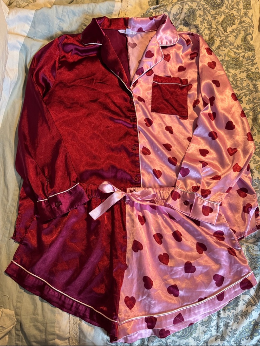 BB Dakota Two-Tone Heart Satin Pajama Set in Pink & Burgundy